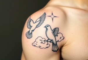 Dove and a blue jay, clouds, shining light to or from heaven tattoo idea