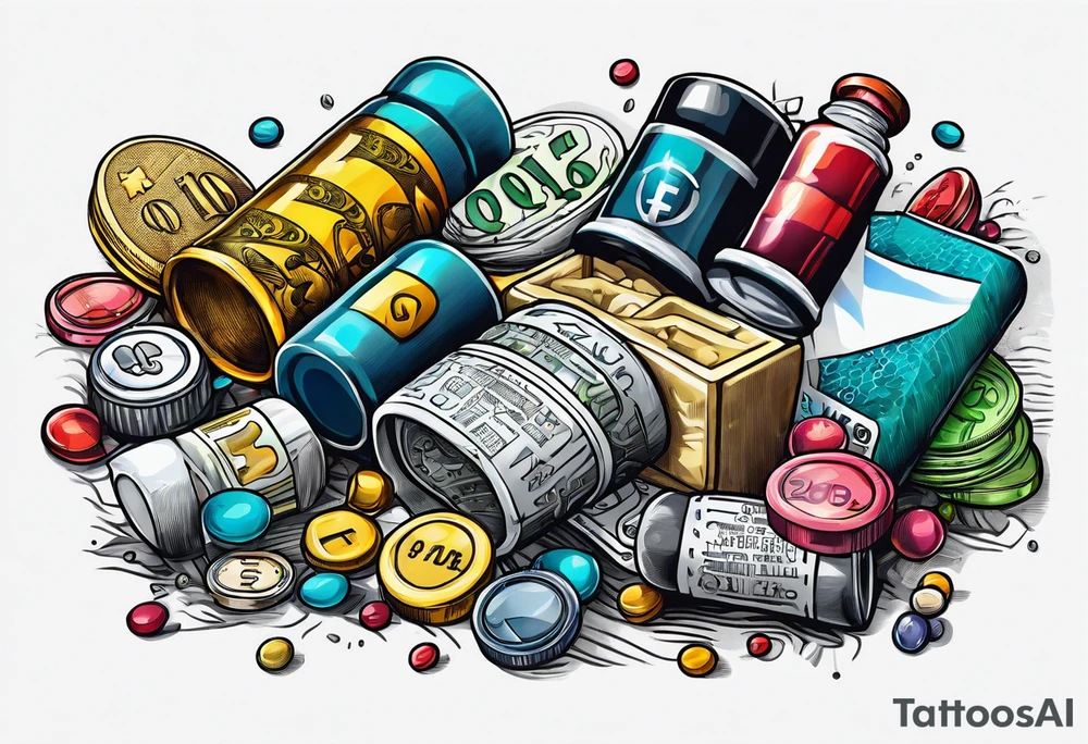 pills, drugs, euro bank notes, bank cheques, police, walkietalkies tattoo idea