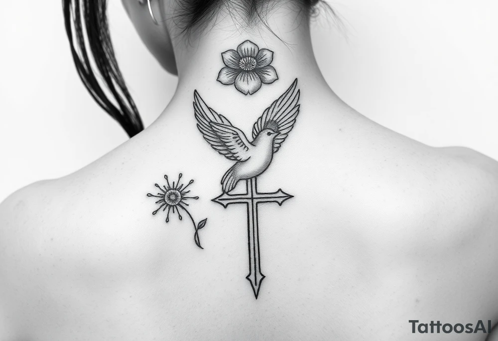female spine tattoo, with the july birth flower, a mourning dove, something that symbolizes autism, a cross tattoo idea