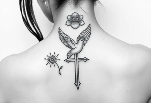female spine tattoo, with the july birth flower, a mourning dove, something that symbolizes autism, a cross tattoo idea