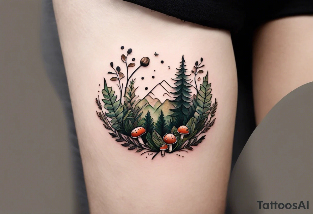 minimalistic forest floor inspired tattoo, which includes grass, moss, curly ferns and dead leaves as the bulk of the tattoo. details to include: forest berries, couple of very small brown mushrooms, a tiny bumblebee flying nearby tattoo idea