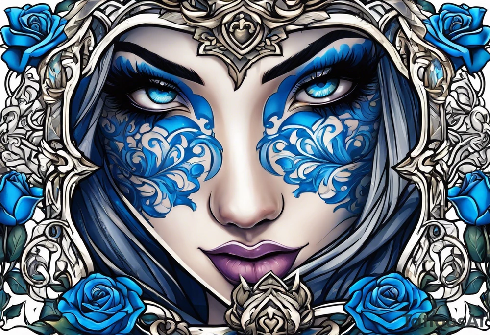 The woman's eyes are covered with a blue ribbon, she holds a sword in one hand and scales in the other . lady justicia, blue roses frames tattoo idea