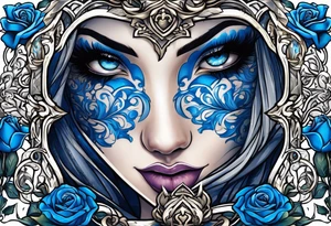 The woman's eyes are covered with a blue ribbon, she holds a sword in one hand and scales in the other . lady justicia, blue roses frames tattoo idea