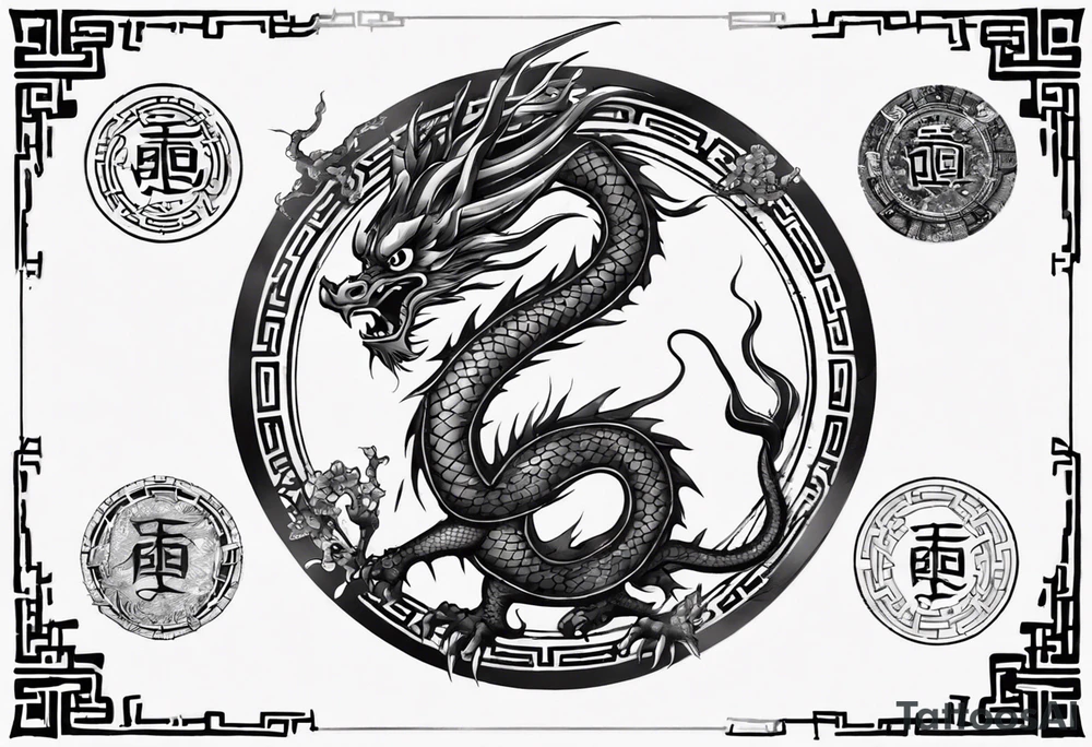 Chinese dragon in a circular shape with "02.03" written on its skin tattoo idea