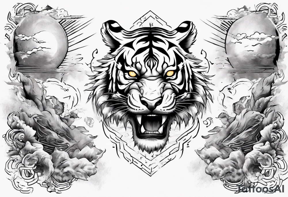Ancient tiger with lightning and a sun for a forearm sleeve. With patterns surrounding it tattoo idea