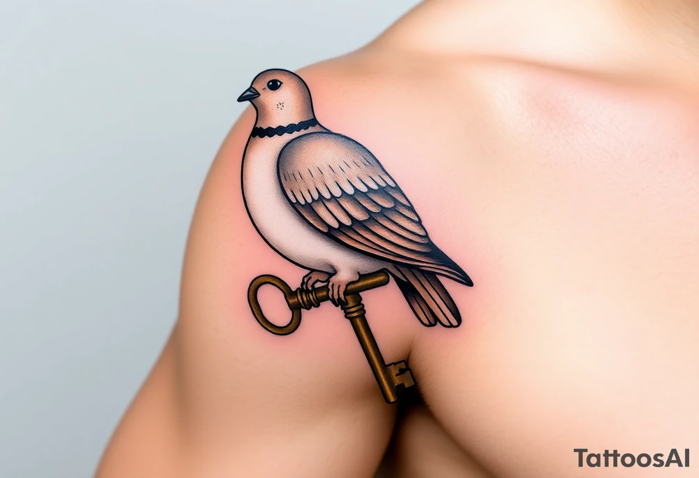A collared dove perched on a vintage key, with the dove in soft browns and whites, and the key in antique gold, symbolizing love, protection, and freedom tattoo idea