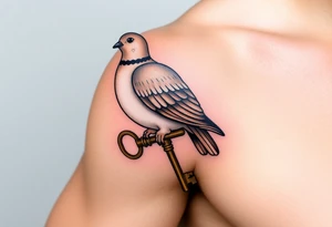 A collared dove perched on a vintage key, with the dove in soft browns and whites, and the key in antique gold, symbolizing love, protection, and freedom tattoo idea