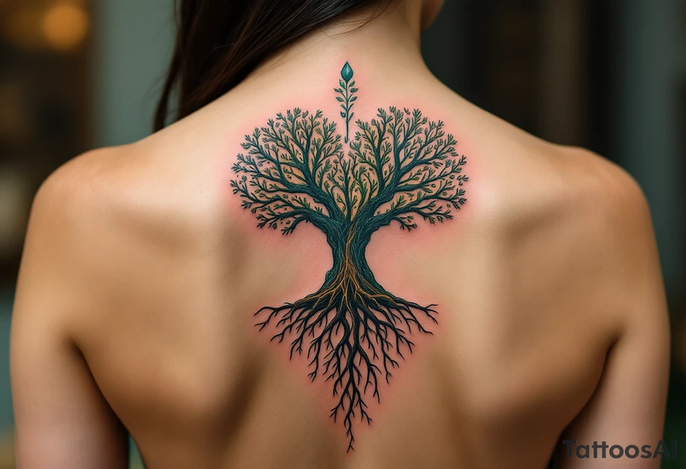 A tree of life in earthy greens and browns with roots shaped like one big heart honors the grounding strength of motherhood. tattoo idea