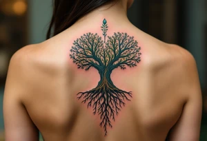 A tree of life in earthy greens and browns with roots shaped like one big heart honors the grounding strength of motherhood. tattoo idea