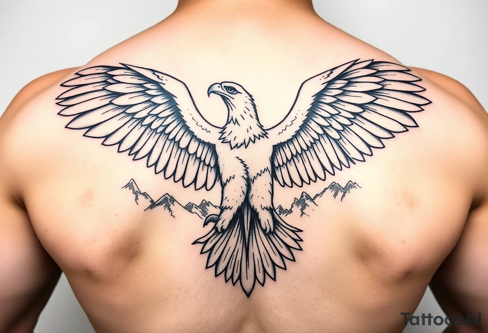 majestic eagle spreading wings against mountain peaks tattoo idea