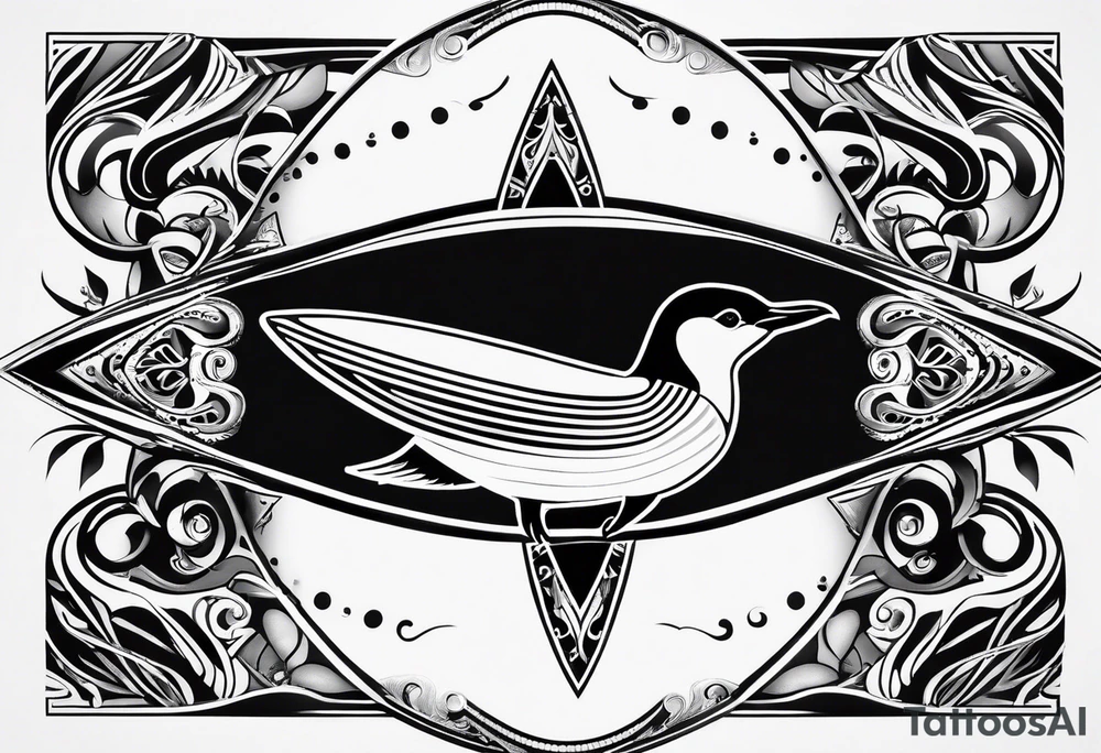 Surfboard outline with a penguin inside and the dat 25/07 tattoo idea