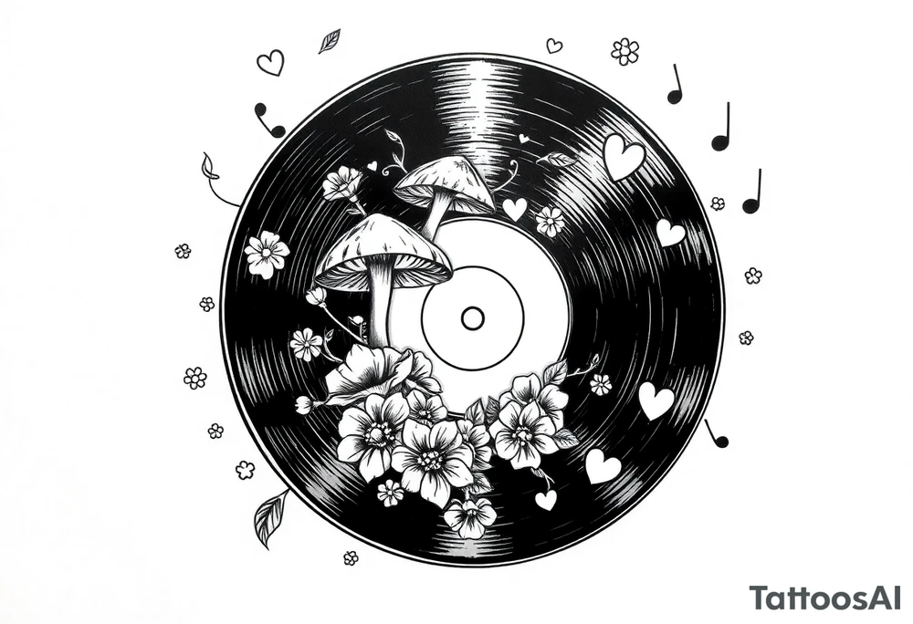 vinyl record with mushrooms, flowers, hearts, and music notes tattoo idea