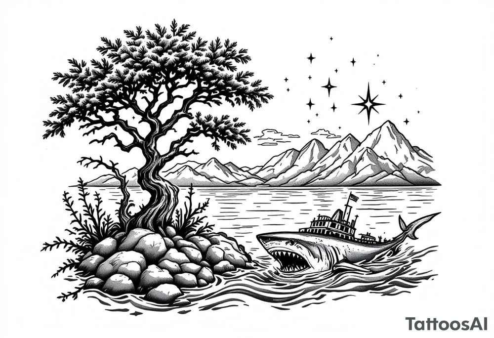 tattoo that has an acacia tree with mountains, ocean with a ship wreck with sharks and the northern star tattoo idea