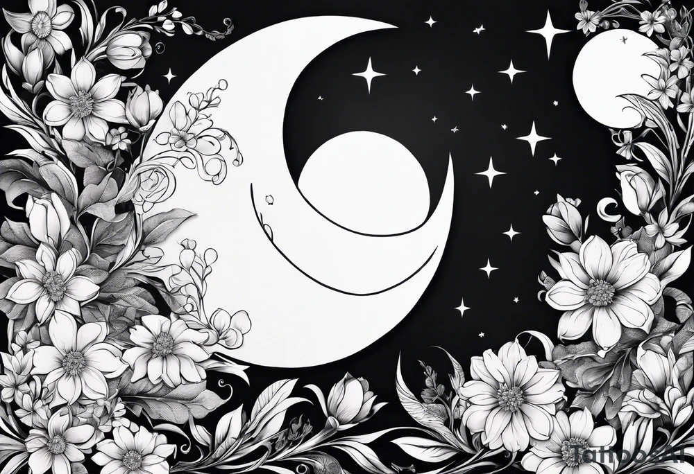 Crescent moon made out of flowers facing to the right tattoo idea