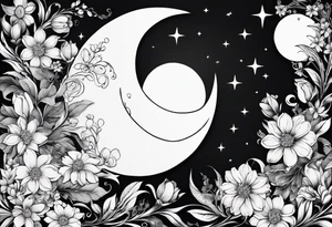 Crescent moon made out of flowers facing to the right tattoo idea