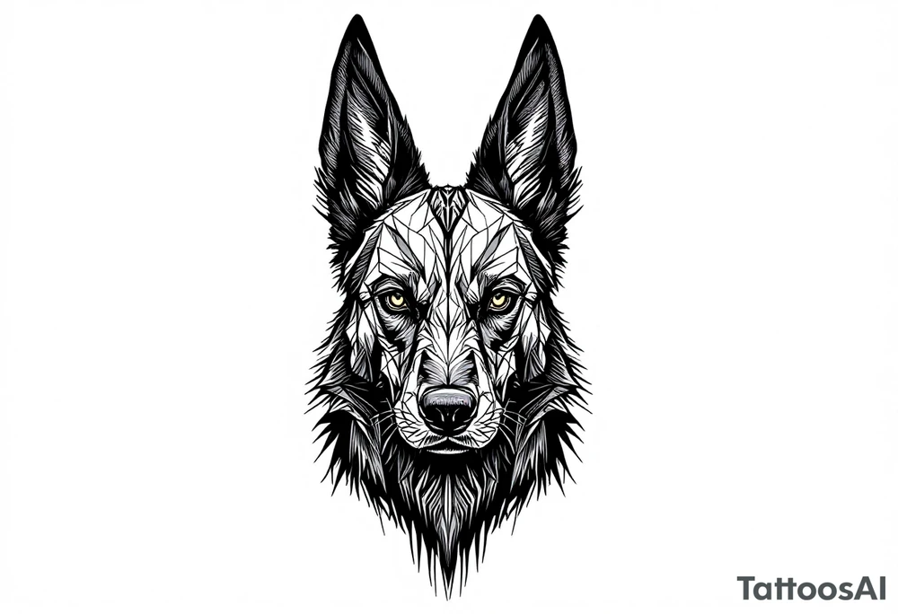 a creature that looks strongly like a black Labrador and a black German Shepard , resembling Anubis, with the tall pointy ears of a jackal, but the top of one floppy , looking back, serious and daring tattoo idea