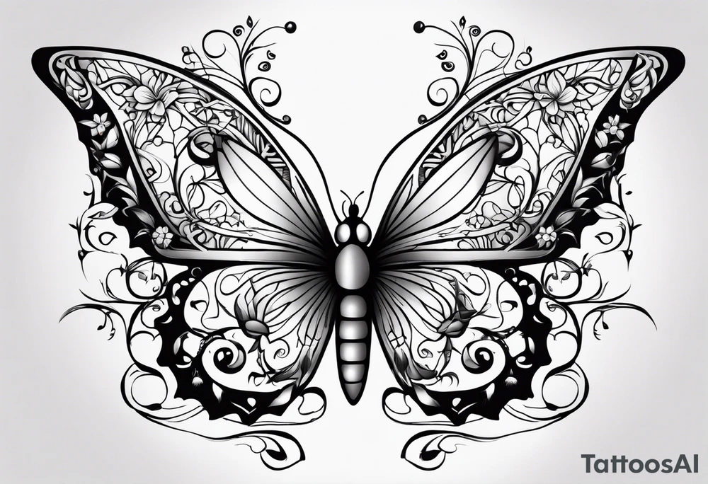 Number 444 with butterfly and vines tattoo idea