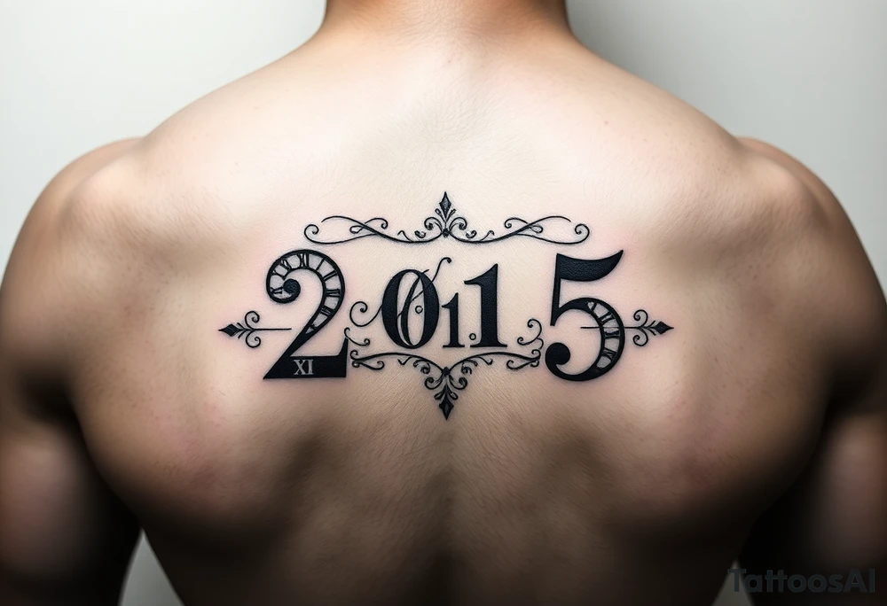 a powerful majestic set of roman numerals equalling the year 2015, with an elegant name placed within the center of the roman numerals tattoo idea