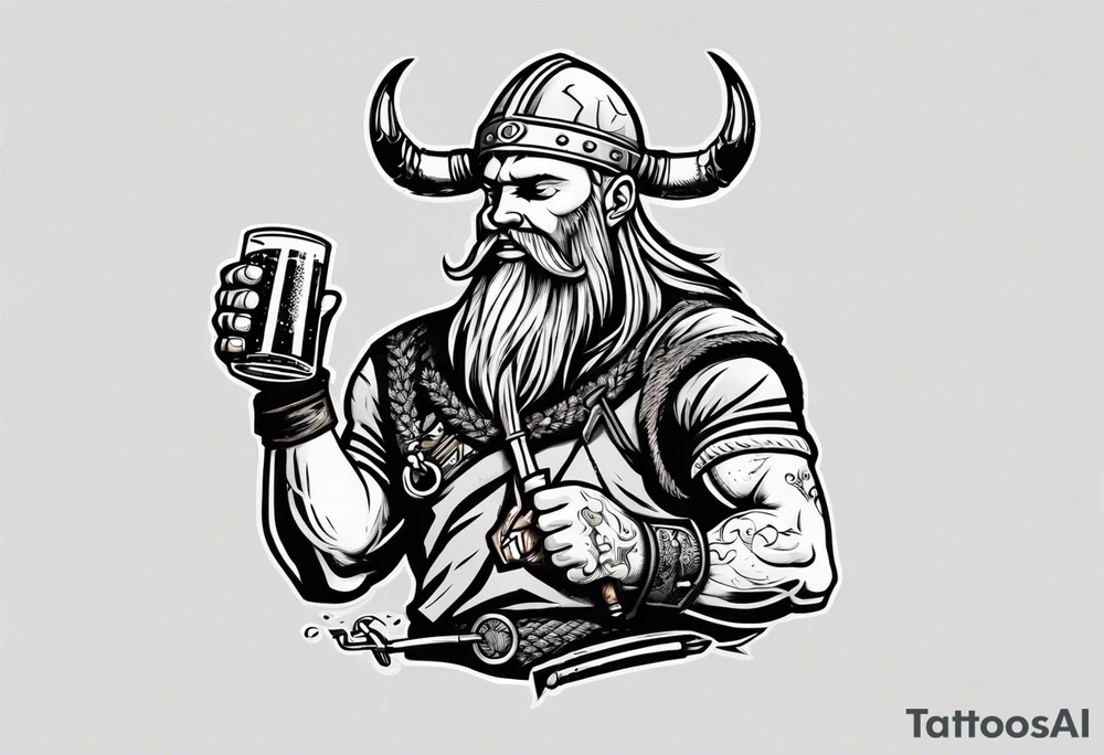 A Viking drinking a beer and holding a car tool tattoo idea A Viking drinking a beer and holding a car tool tattoo idea