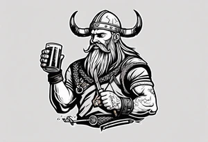 A Viking drinking a beer and holding a car tool tattoo idea