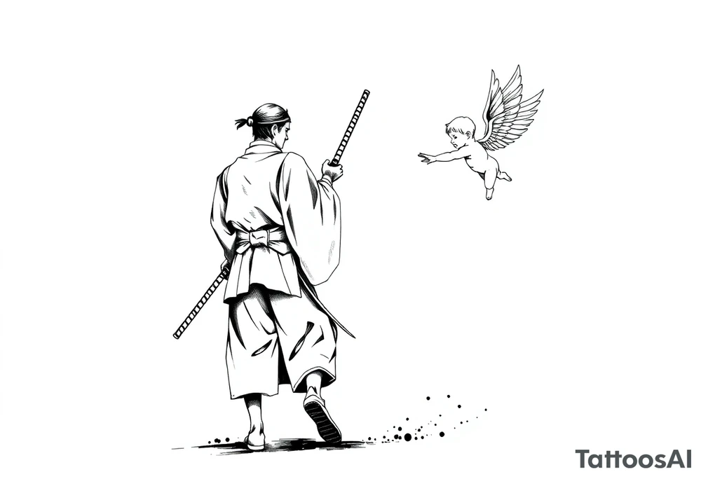 Blackwork tattoo illustration of a samurai walking forward, seen from behind. The samurai wears a traditional kimono and hakama, holding two long katanas in a relaxed but ready pose. To his right, a small child angel with detailed feathered wings floats in the air, gently reaching toward him with an outstretched hand. Strong contrast, dynamic ink splatters, sumi-e brush stroke effects, minimalist white background, dramatic lighting, emotional and symbolic composition, high-detail linework tattoo idea