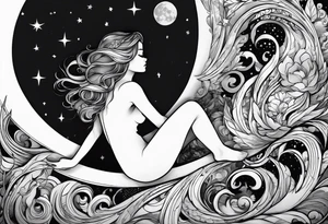 girl sitting on the moon watching the world tattoo idea