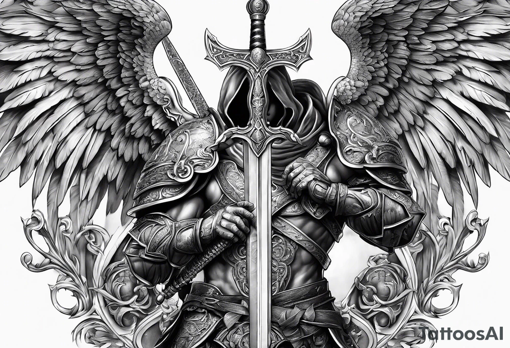 Angels with sword & Shield in sky tattoo idea