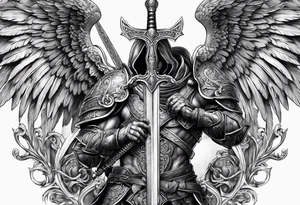 Angels with sword & Shield in sky tattoo idea