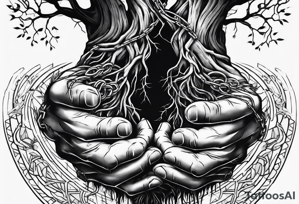tattoo fool sleeve, tree roots break out of the chains at the bottom of the hand tattoo idea