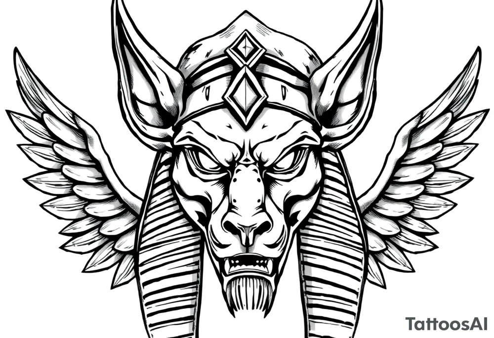 powerful majestic muscle anubis Egyptian god face without eyes with mantle on head tattoo idea