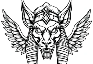 powerful majestic muscle anubis Egyptian god face without eyes with mantle on head tattoo idea