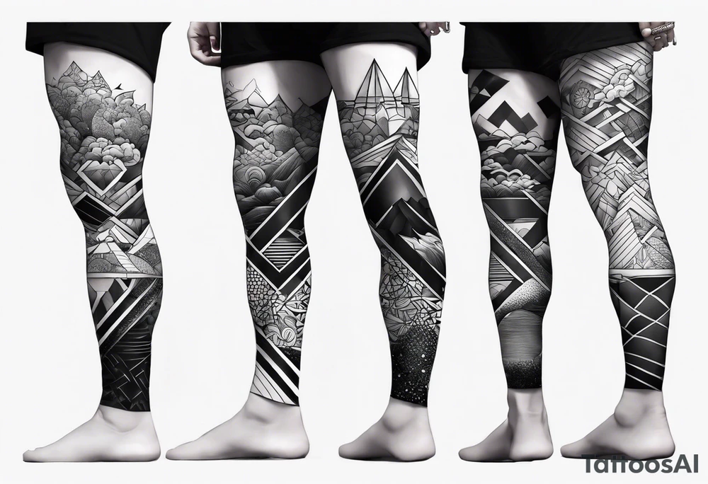 Sea full leg sleeve male geometric tattoo idea