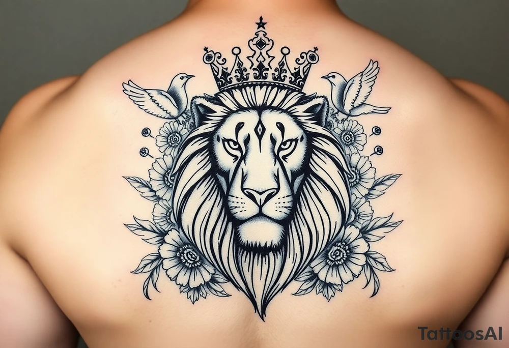 powerful majestic lion with a crown, surrounded by floral ornaments and birds tattoo idea