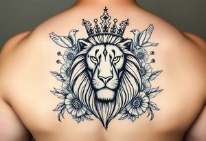 powerful majestic lion with a crown, surrounded by floral ornaments and birds tattoo idea