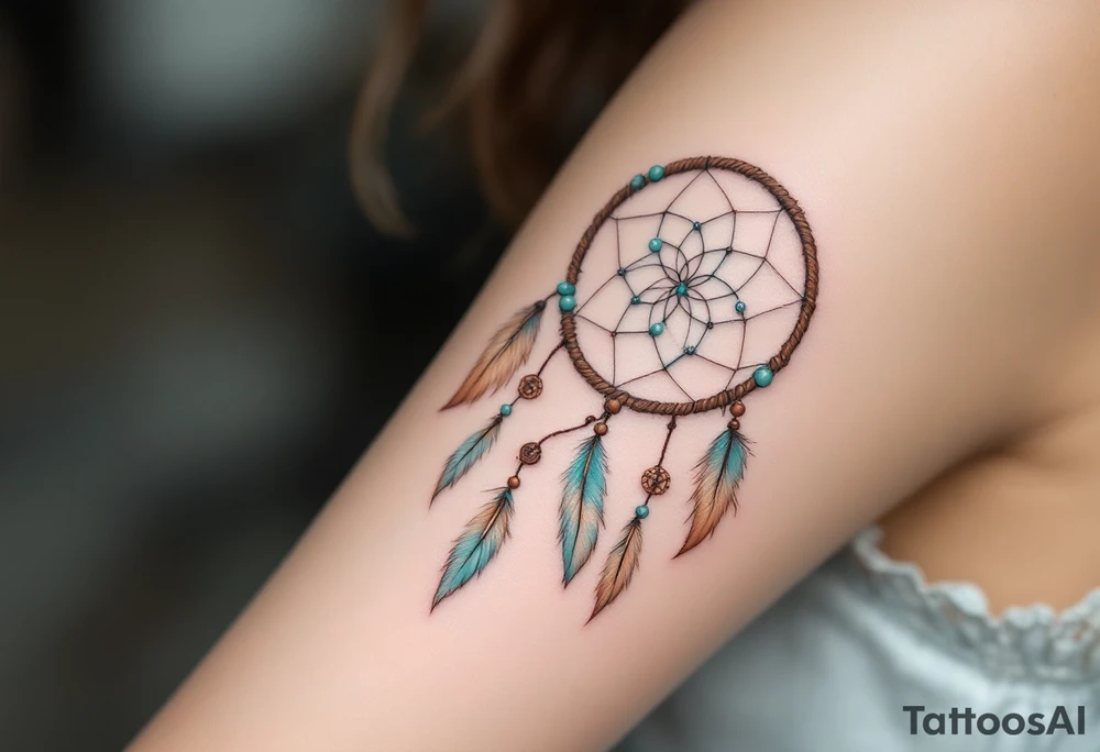 Dreamcatcher (česky lapač snů) tattoo featuring soft turquoise and beige feathers, a brown woven hoop with light blue beads, symbolizing protection and peaceful dreams in a delicate, boho style. tattoo idea