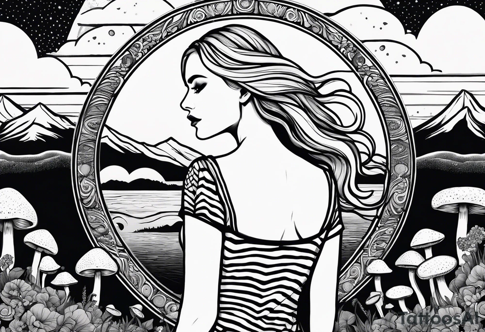 Straight blonde hair girl facing away toward mountains surrounded by mushrooms crescent moon circular design black and white striped dress tattoo idea