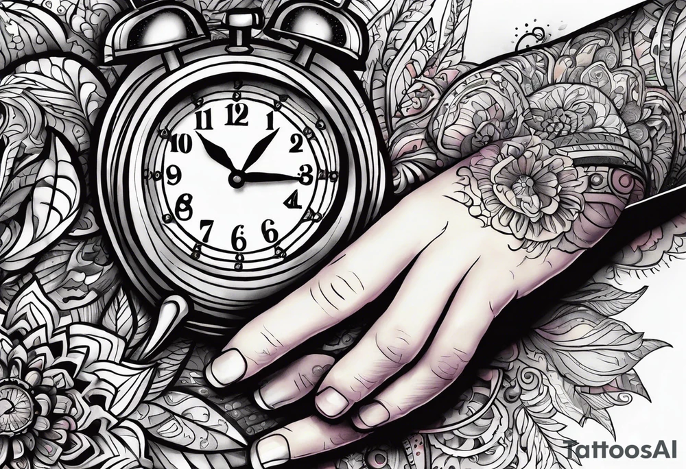 Close up of a hand about to turn off their digital alarm clock. The time on the clock says 5:3666. tattoo idea