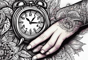 Close up of a hand about to turn off their digital alarm clock. The time on the clock says 5:3666. tattoo idea