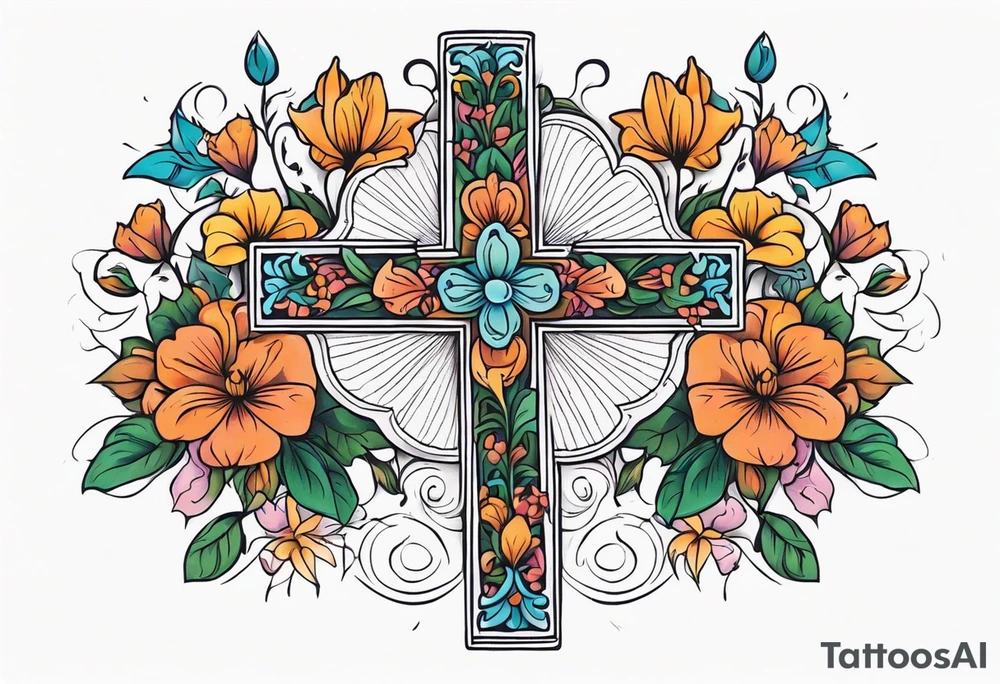plain cross surrounded 
 with flowers and twisted around cross
 colorful tattoo idea