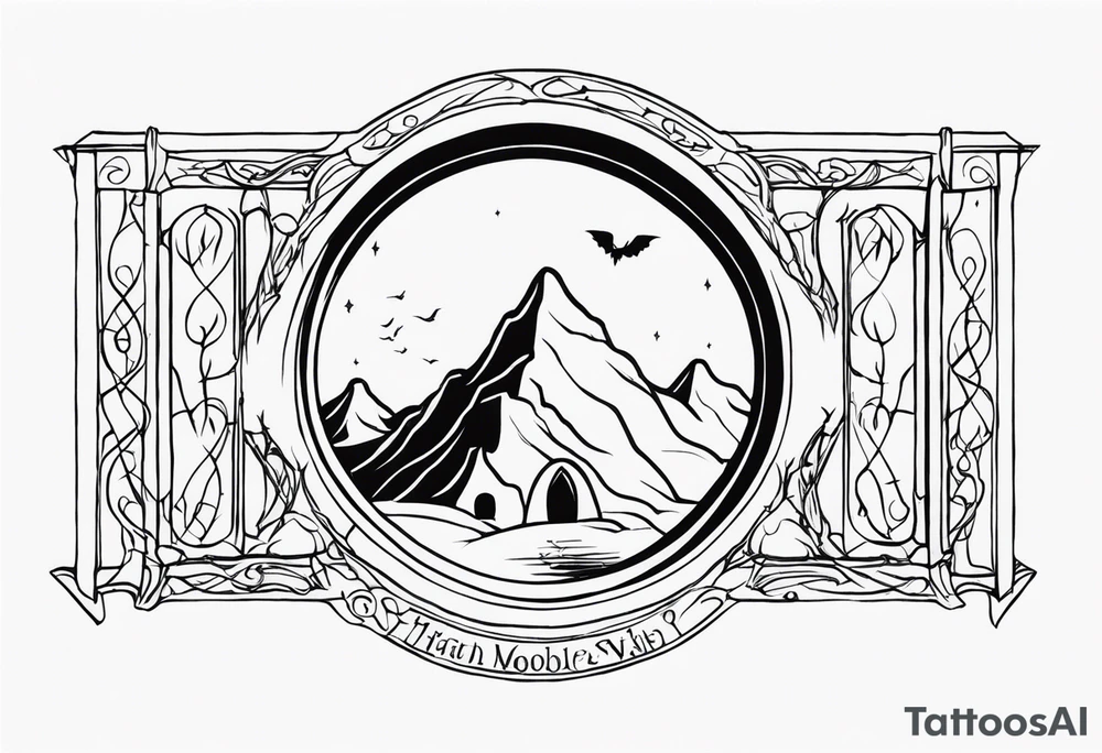 Lord of the rings and Harry Potter movie mashup. Small and simple. Not too much artistic detail. Hobbit door hole, wands, elvish writing, deathly hallows tattoo idea