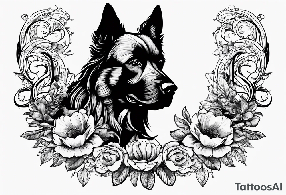 The name “odin” in script cursive with April birth flowers placed nicely through it and a dogs nose print at the end tattoo idea