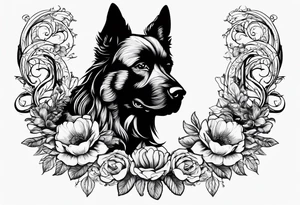 The name “odin” in script cursive with April birth flowers placed nicely through it and a dogs nose print at the end tattoo idea