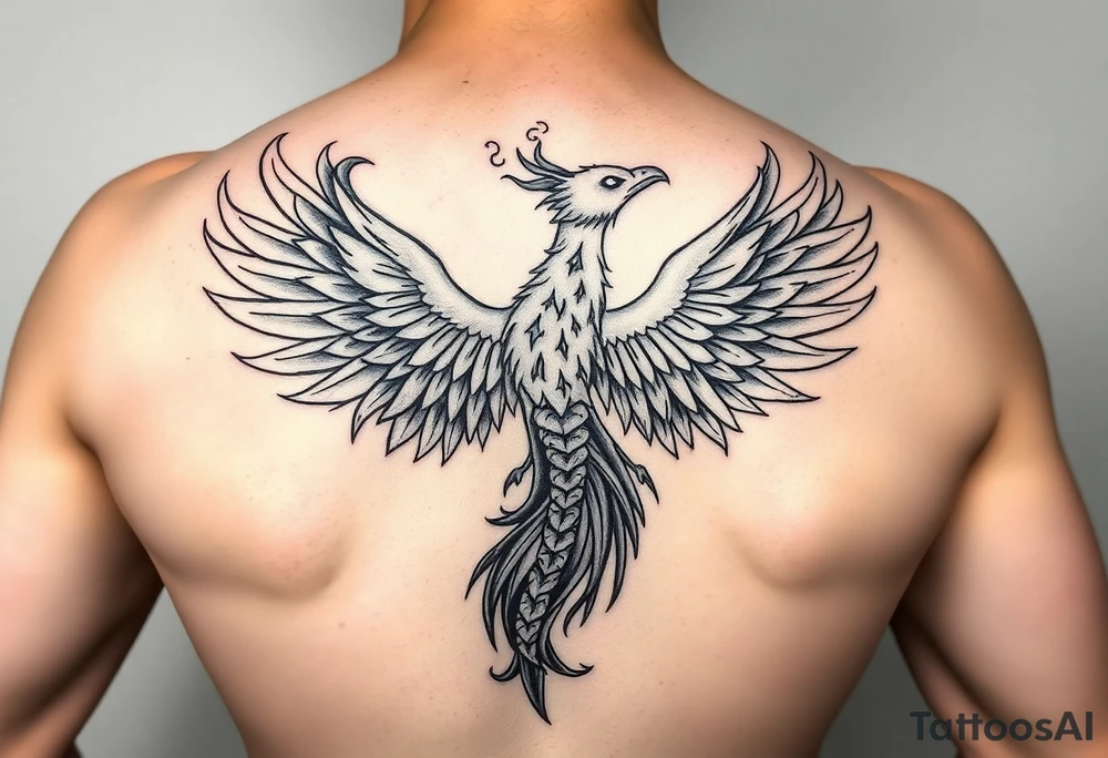A phoenix with fiery feathers blending into swirling smoke. The tail feathers transition into scorpion pincers, scales subtly integrated. Eagle wings outlined in flames accent the overall design. tattoo idea