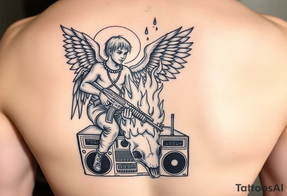 gangster angel sitting on a stereo, holding an AK47, watching a huge flame burning a skull of a rabbit and chicken. tattoo idea