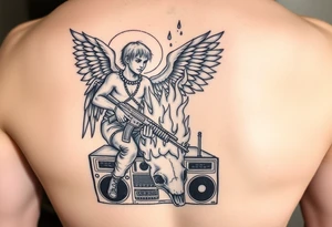 gangster angel sitting on a stereo, holding an AK47, watching a huge flame burning a skull of a rabbit and chicken. tattoo idea