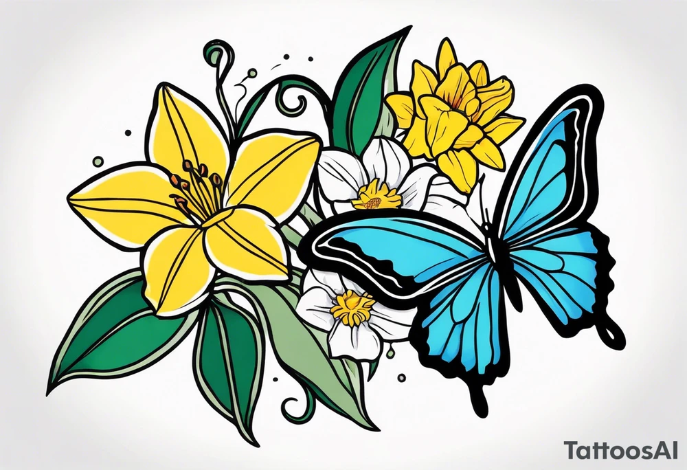 Butterfly and star and daffodils and morning glory tattoo idea