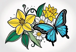 Butterfly and star and daffodils and morning glory tattoo idea