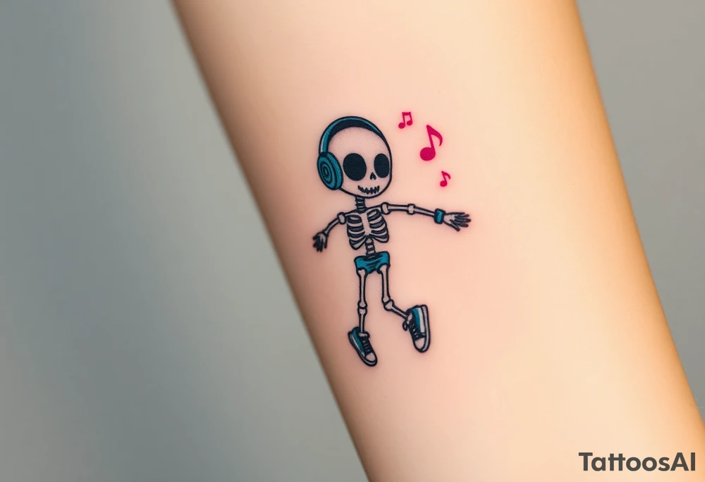 Cute skeleton with dreamy eyes jumping rope with blue headphones blue armbands blue sneakers and colorful  music notes around his head tattoo idea
