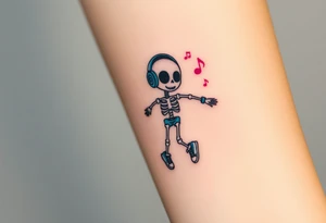 Cute skeleton with dreamy eyes jumping rope with blue headphones blue armbands blue sneakers and colorful  music notes around his head tattoo idea