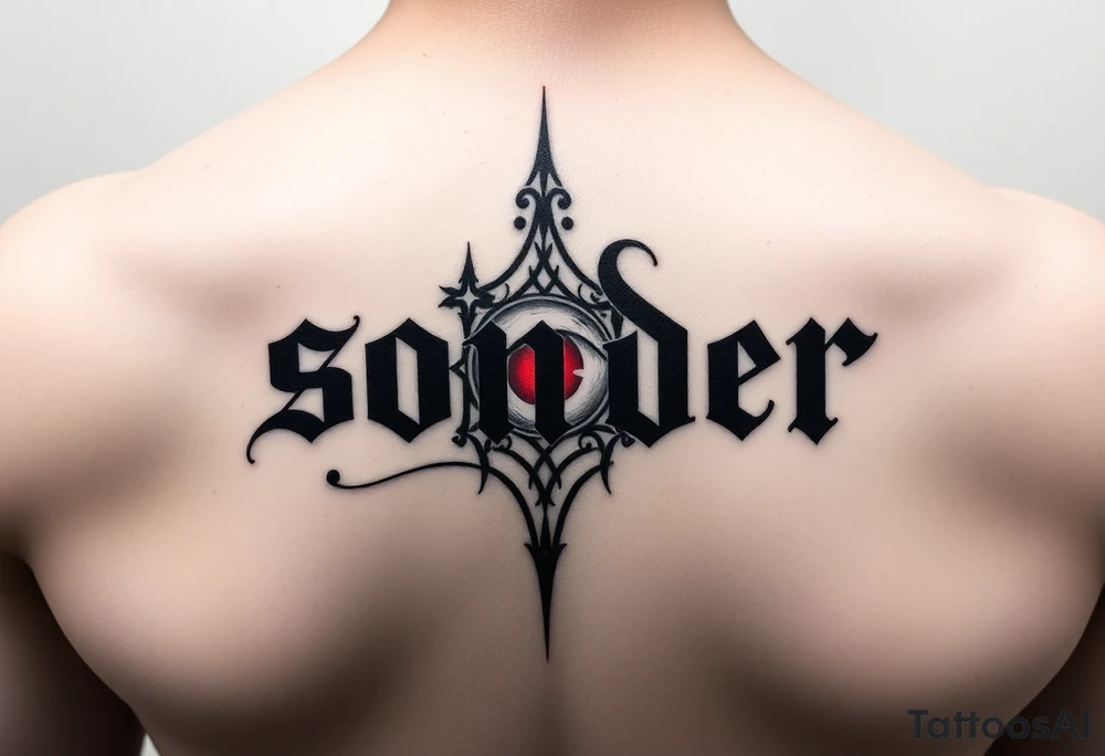 I want the word sonder in vertical form but the letter o swapped with an eye colored red and the word sonder to be in bold black letters tattoo idea